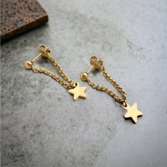 NEW 18K yellow gold plated star stud drop chain earrings jewelry B26A - Picture 4 of 5